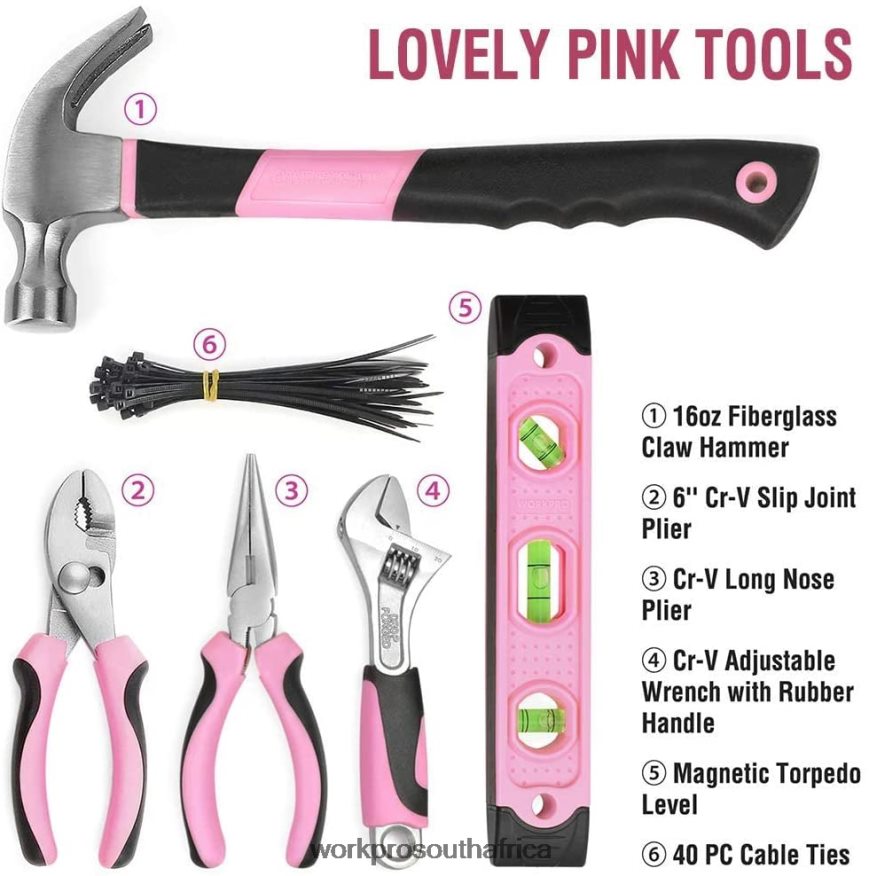 ZA WORKPRO 103 Pcs Tool Kit with Easy Carrying Round Pouch Perfect for DIY Home Maintenance Pink 4B8V2T248 Tool