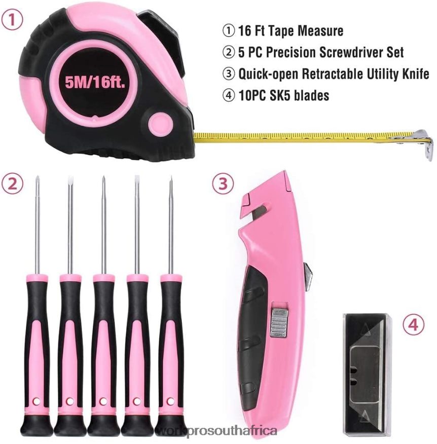 ZA WORKPRO 103 Pcs Tool Kit with Easy Carrying Round Pouch Perfect for DIY Home Maintenance Pink 4B8V2T248 Tool