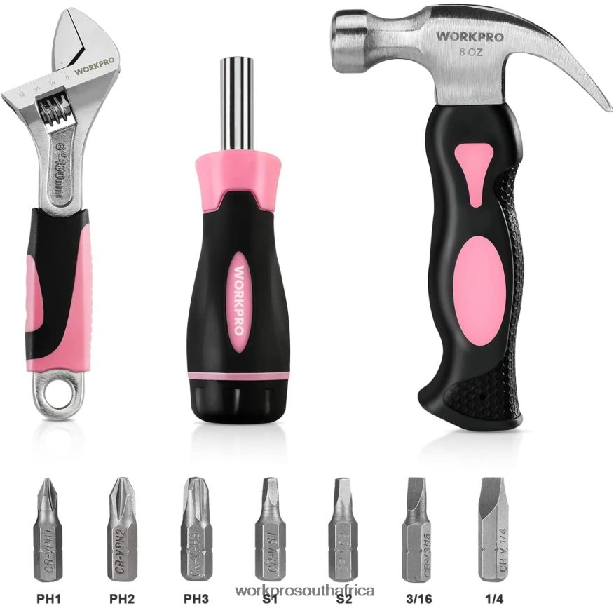 ZA WORKPRO 10 Pcs Household Tools Kit for Women with Screwdriver Bits Holder Set Pink 4B8V2T243 Tool