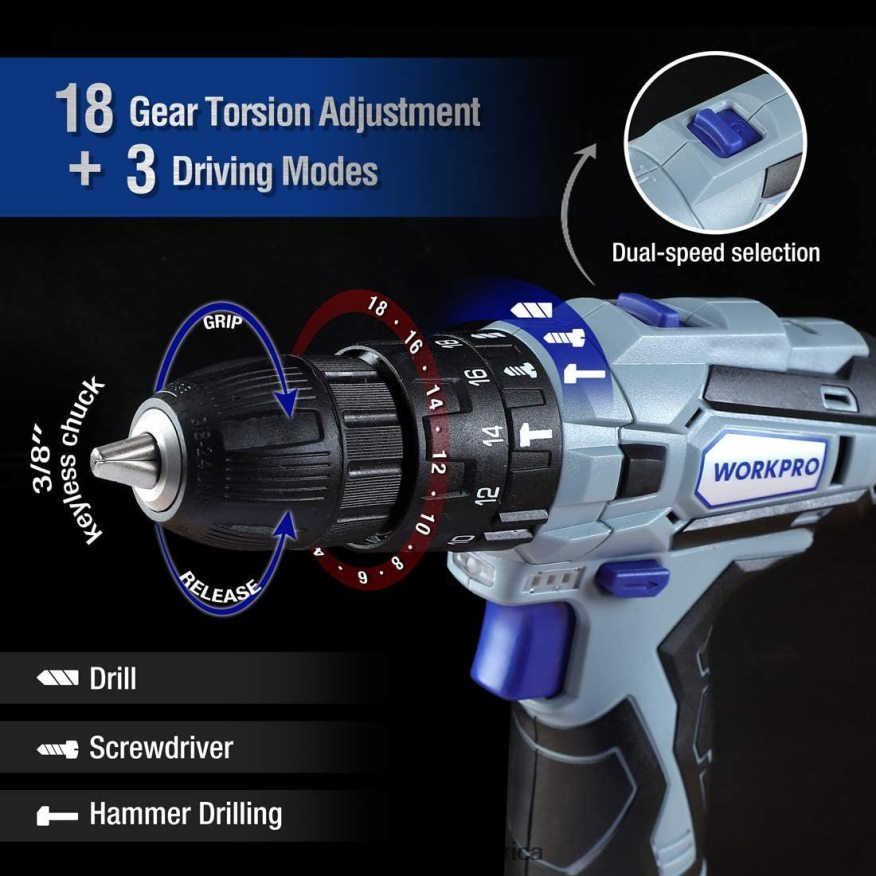 ZA WORKPRO 12V Cordless Drill and Home Tool Kit, 177 Pcs Combo Kit with Tool Bag Useful 4B8V2T171 Tool