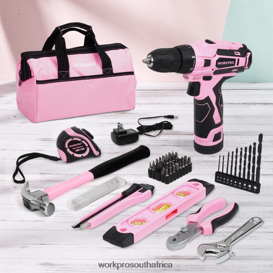 ZA WORKPRO 12V Cordless Drill and Home Tool Kit with 14-inch Storage Bag Pink 4B8V2T258 Tool