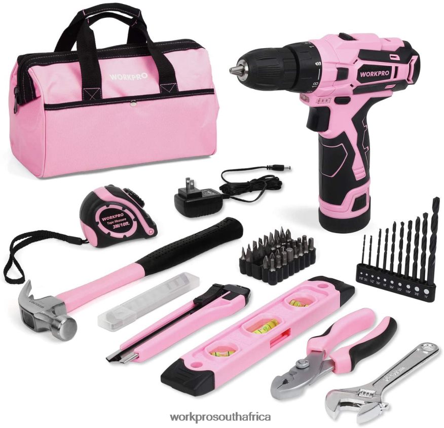 ZA WORKPRO 12V Cordless Drill and Home Tool Kit with 14-inch Storage Bag Pink 4B8V2T258 Tool