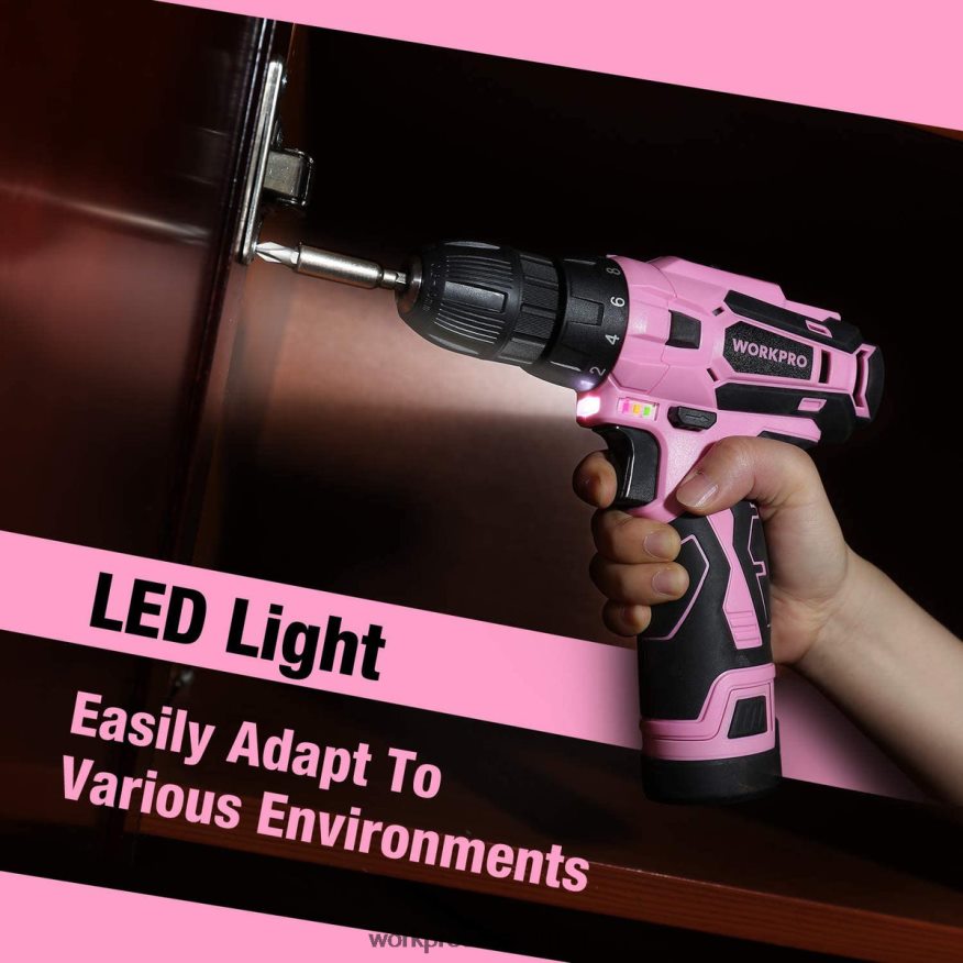 ZA WORKPRO 12V Cordless Drill and Home Tool Kit with 14-inch Storage Bag Pink 4B8V2T258 Tool