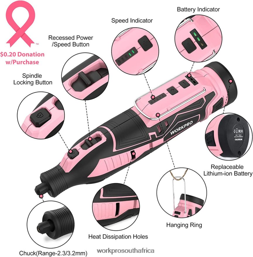 ZA WORKPRO 12V Cordless Rotary Tool Kit, 5 Variable Speeds, 114 Easy Change Accessories Pink 4B8V2T267 Tool