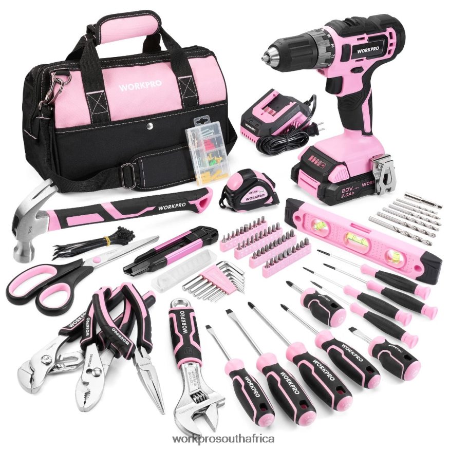 ZA WORKPRO 157-Piece Cordless Drill Combo Kit with 20V Cordless Lithium-ion Pink/Grey 4B8V2T259 Tool