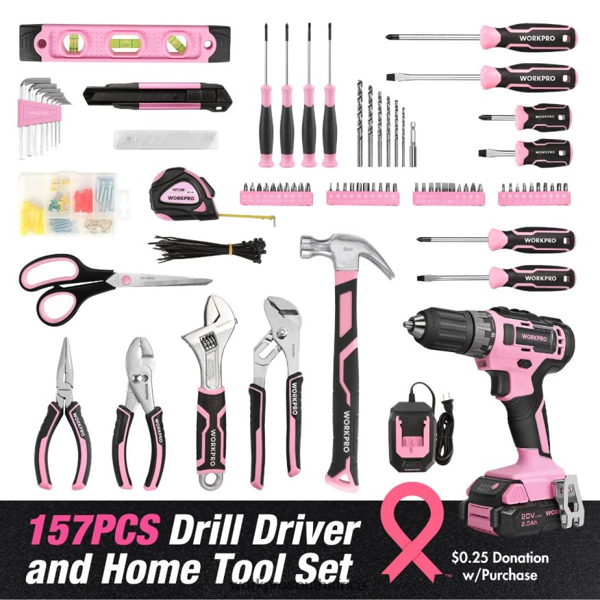 ZA WORKPRO 157-Piece Cordless Drill Combo Kit with 20V Cordless Lithium-ion Pink/Grey 4B8V2T259 Tool