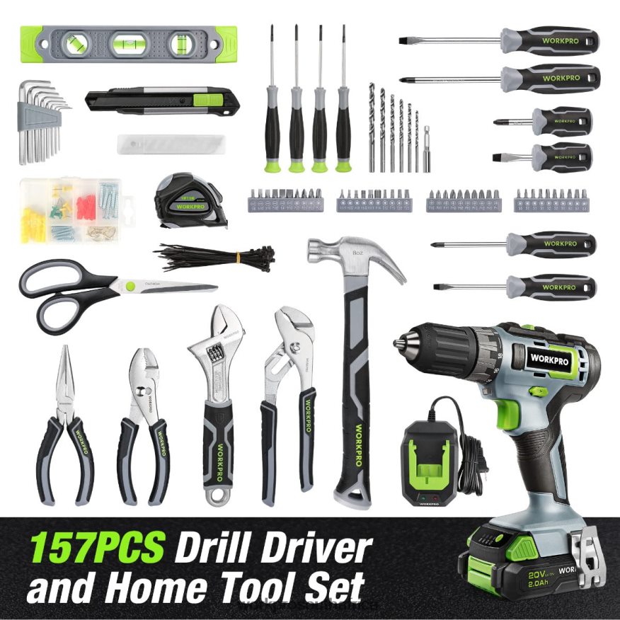 ZA WORKPRO 157-Piece Cordless Drill Combo Kit with 20V Cordless Lithium-ion Pink/Grey 4B8V2T259 Tool