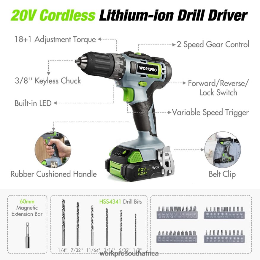 ZA WORKPRO 157-Piece Cordless Drill Combo Kit with 20V Cordless Lithium-ion Pink/Grey 4B8V2T259 Tool