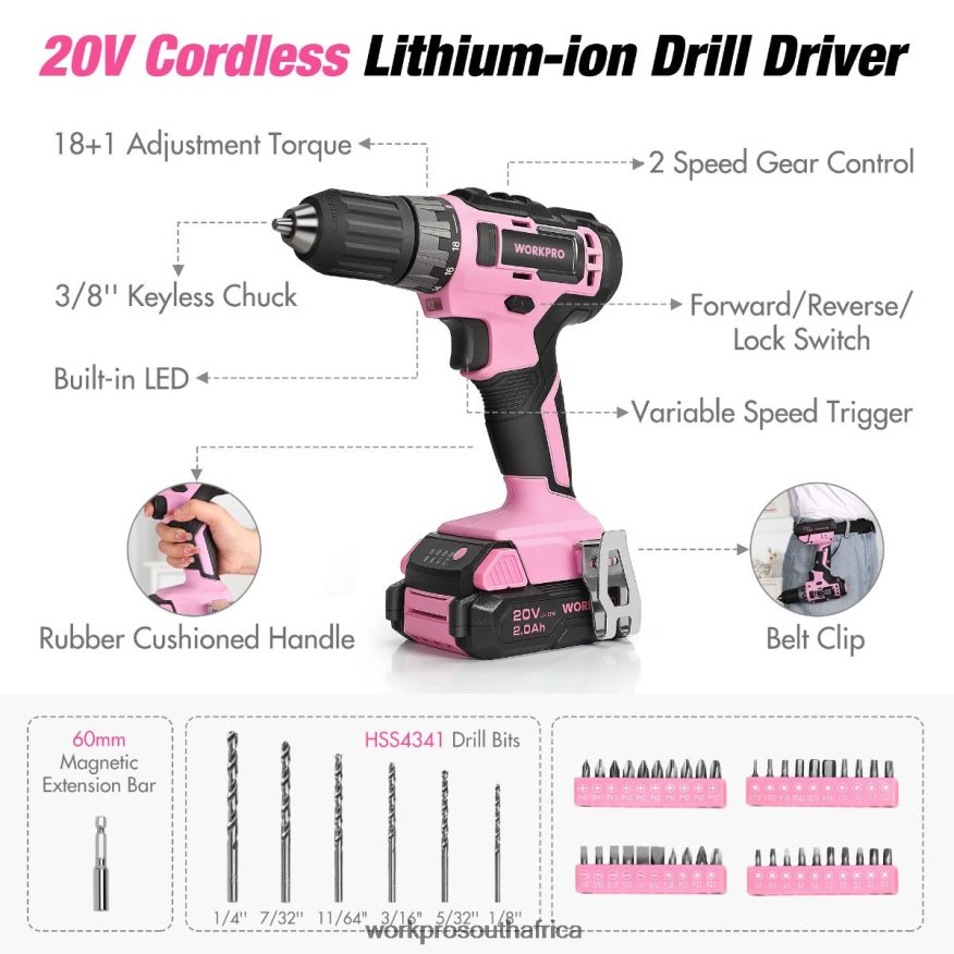 ZA WORKPRO 157-Piece Cordless Drill Combo Kit with 20V Cordless Lithium-ion Pink/Grey 4B8V2T259 Tool