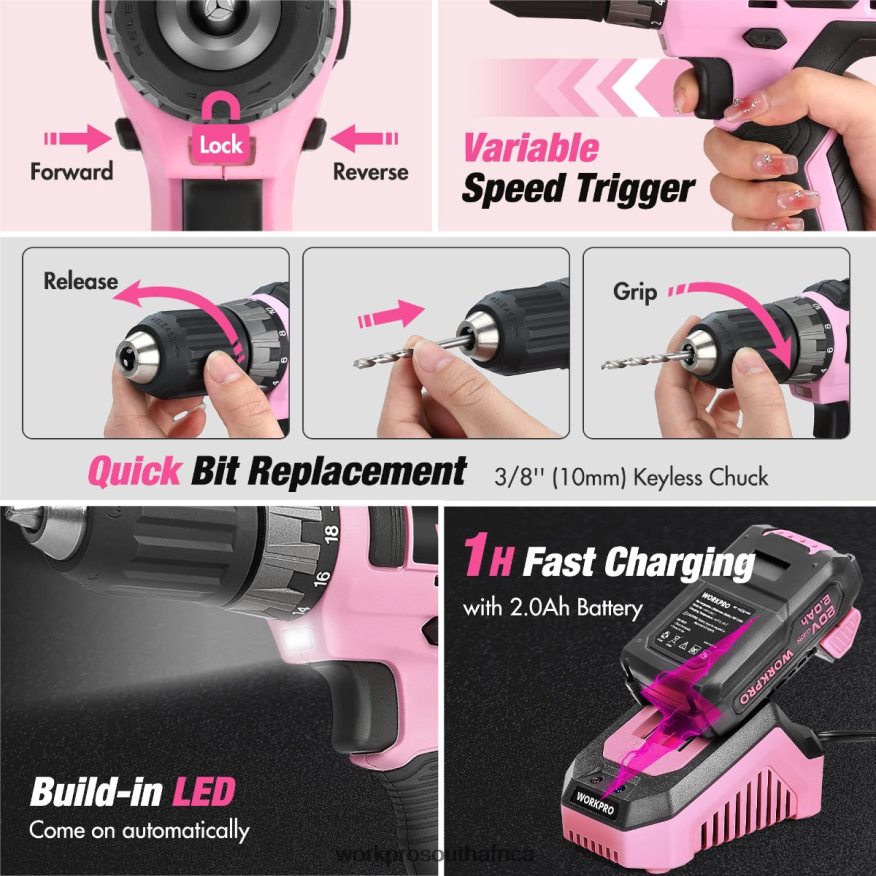 ZA WORKPRO 157-Piece Cordless Drill Combo Kit with 20V Cordless Lithium-ion Pink/Grey 4B8V2T259 Tool