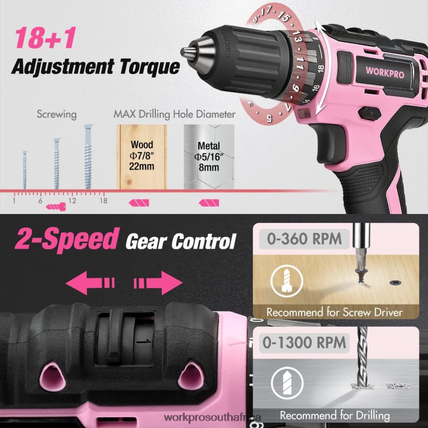 ZA WORKPRO 157-Piece Cordless Drill Combo Kit with 20V Cordless Lithium-ion Pink/Grey 4B8V2T259 Tool