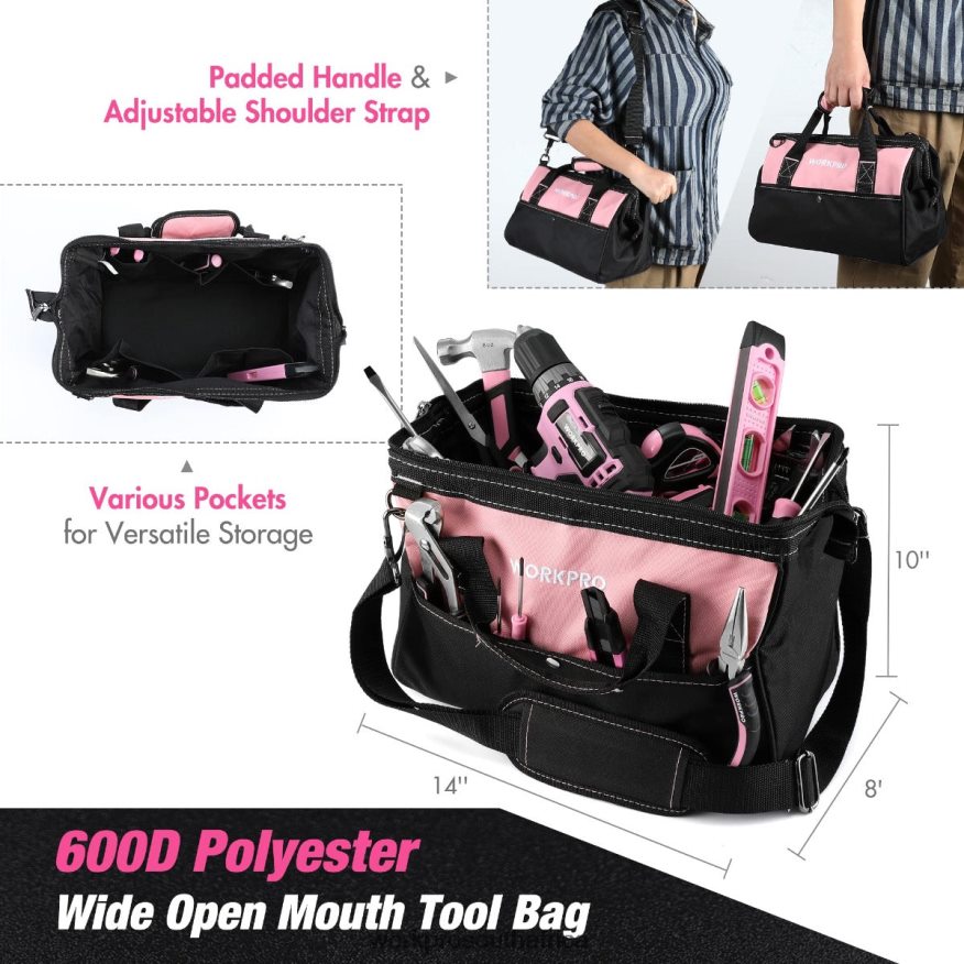 ZA WORKPRO 157-Piece Cordless Drill Combo Kit with 20V Cordless Lithium-ion Pink/Grey 4B8V2T259 Tool