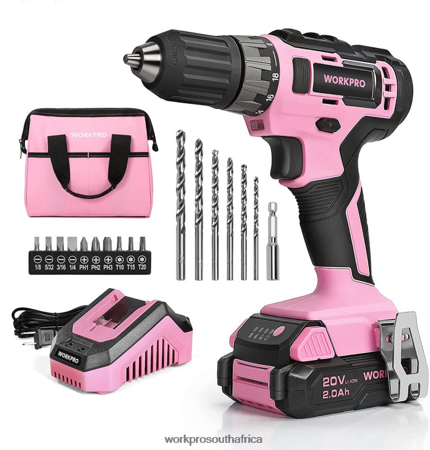 ZA WORKPRO 20V Cordless Drill Driver Set with Fast Charger and 11-inch Storage Bag Included Pink 4B8V2T261 Tool