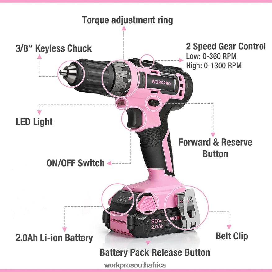 ZA WORKPRO 20V Cordless Drill Driver Set with Fast Charger and 11-inch Storage Bag Included Pink 4B8V2T261 Tool