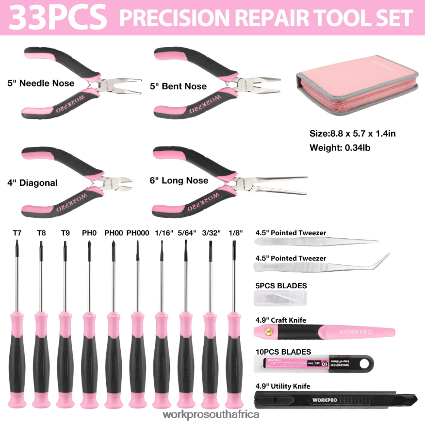 ZA WORKPRO 33 Pcs Precision Repair Tool Set Includes Pliers Set Pink/Blue 4B8V2T257 Tool