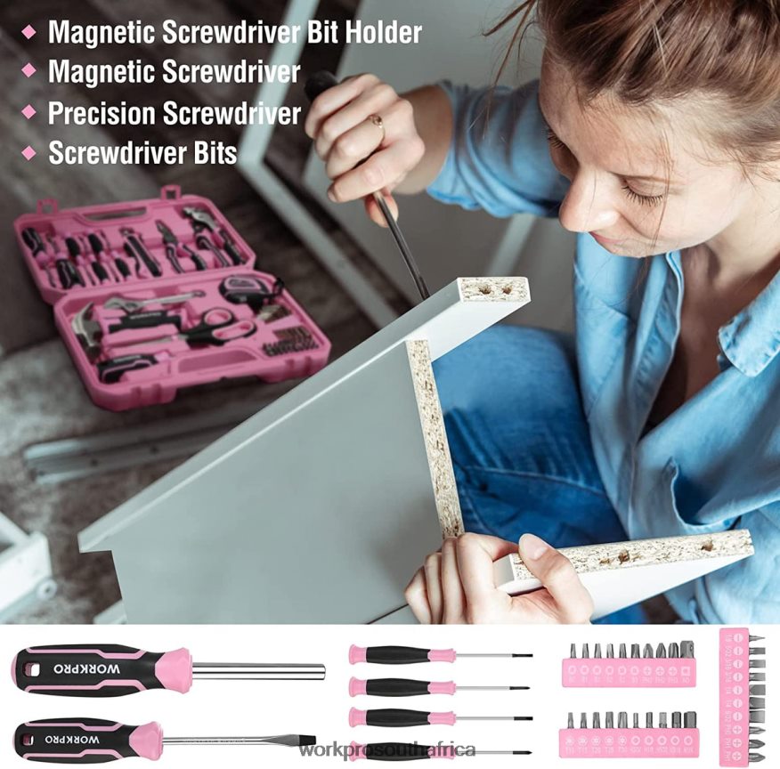 ZA WORKPRO 52 Pcs Tool Set, Home Women\'s Tool Set with Storage Tool Box, Basic Tool Set - Ribbon Pink 4B8V2T249 Tool