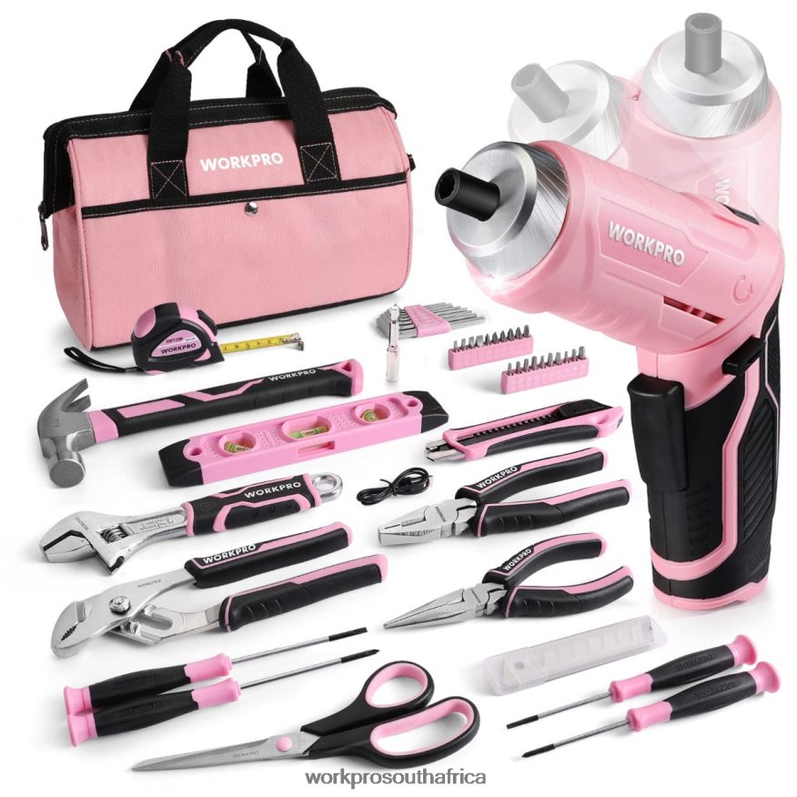 ZA WORKPRO 55 Pcs Tools Set, 3.7V Rotatable Cordless Screwdriver and Household Tool Kit Pink 4B8V2T264 Tool
