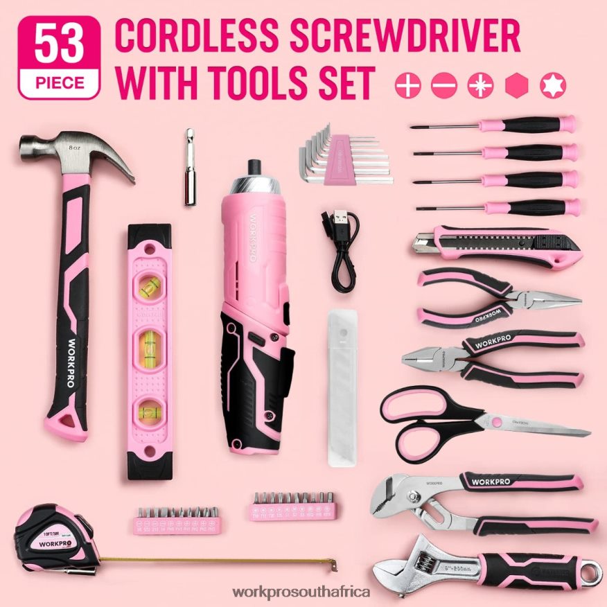 ZA WORKPRO 55 Pcs Tools Set, 3.7V Rotatable Cordless Screwdriver and Household Tool Kit Pink 4B8V2T264 Tool