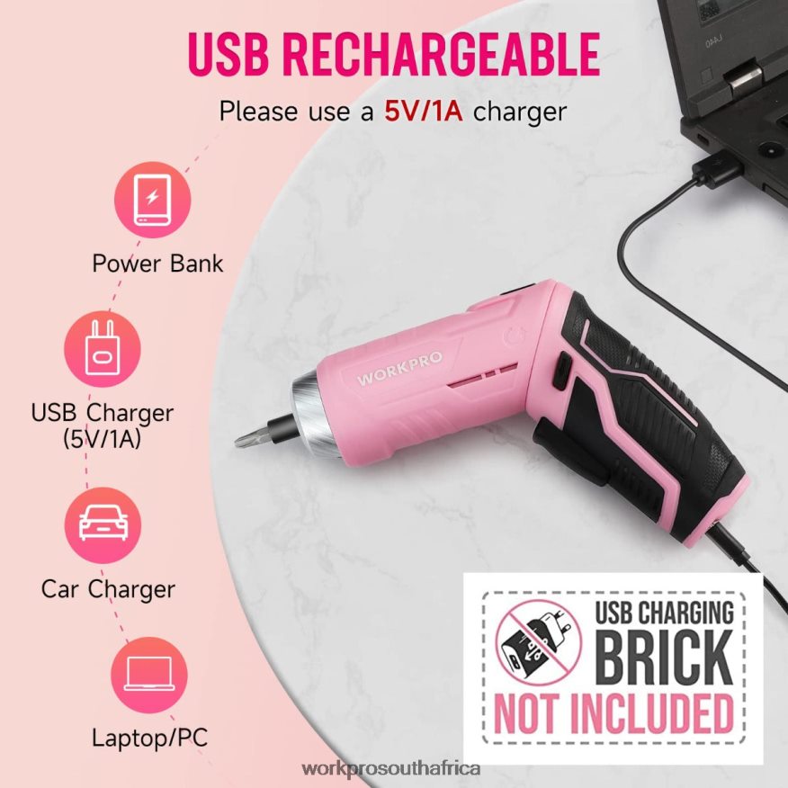 ZA WORKPRO 55 Pcs Tools Set, 3.7V Rotatable Cordless Screwdriver and Household Tool Kit Pink 4B8V2T264 Tool