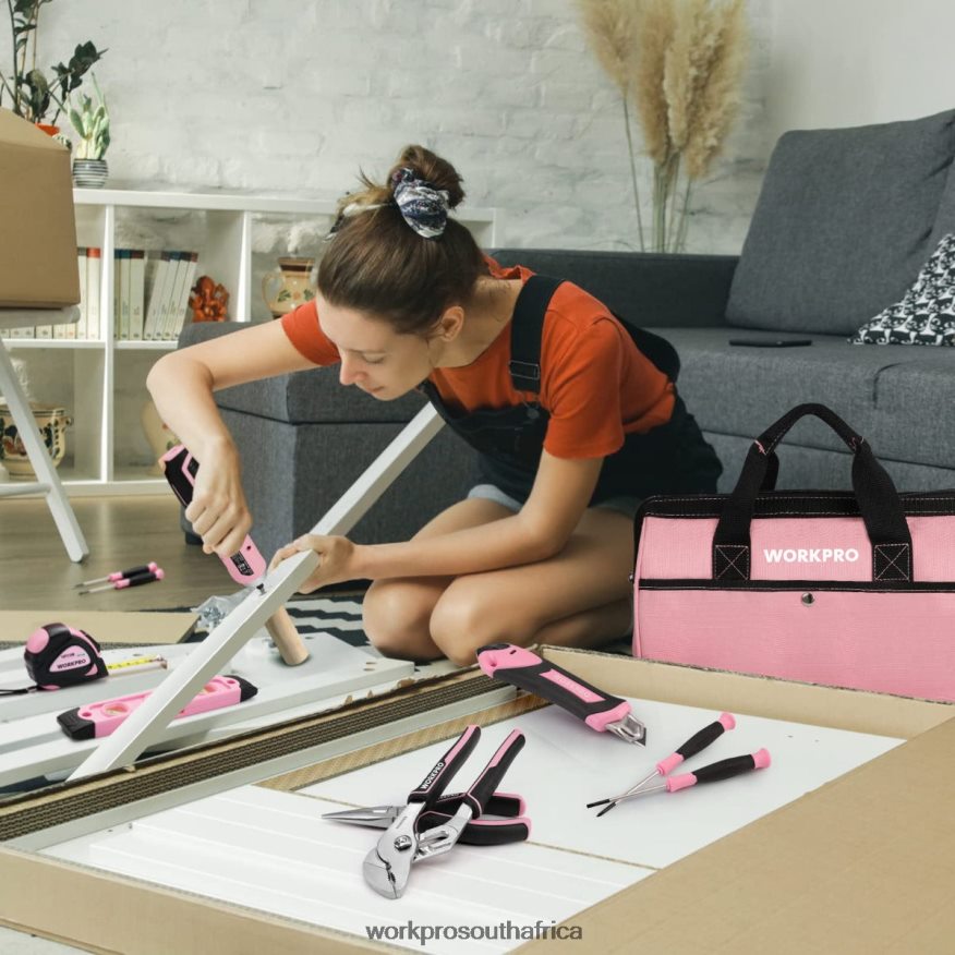 ZA WORKPRO 55 Pcs Tools Set, 3.7V Rotatable Cordless Screwdriver and Household Tool Kit Pink 4B8V2T264 Tool