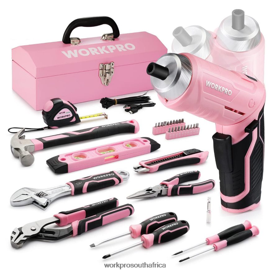ZA WORKPRO 75 Pcs Tools Set, 3.7V Rotatable Cordless Screwdriver, and Household Tool Kit Pink 4B8V2T260 Tool