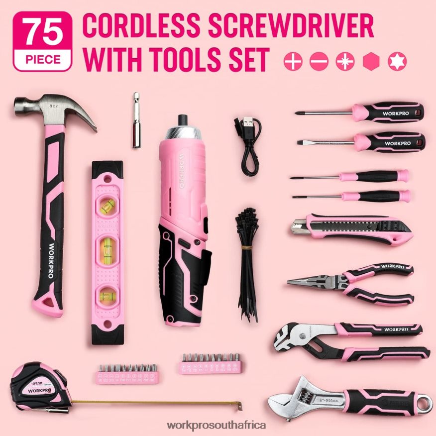 ZA WORKPRO 75 Pcs Tools Set, 3.7V Rotatable Cordless Screwdriver, and Household Tool Kit Pink 4B8V2T260 Tool