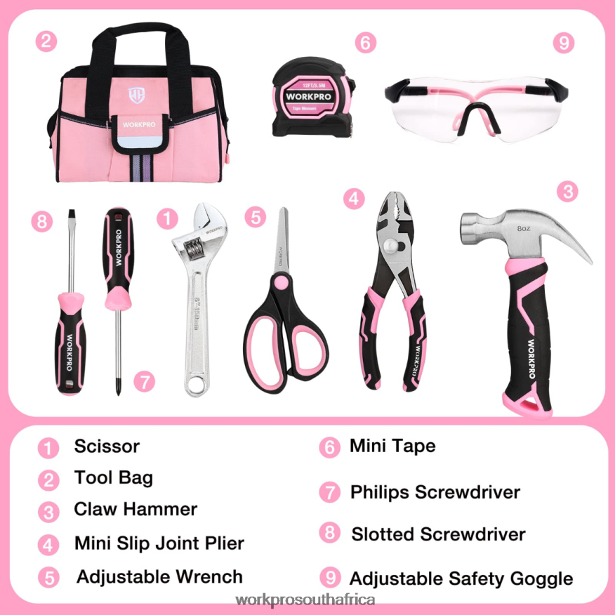 ZA WORKPRO 9 Pcs Kids Junior Tool Set with Tool Bag Pink/Blue 4B8V2T253 Tool