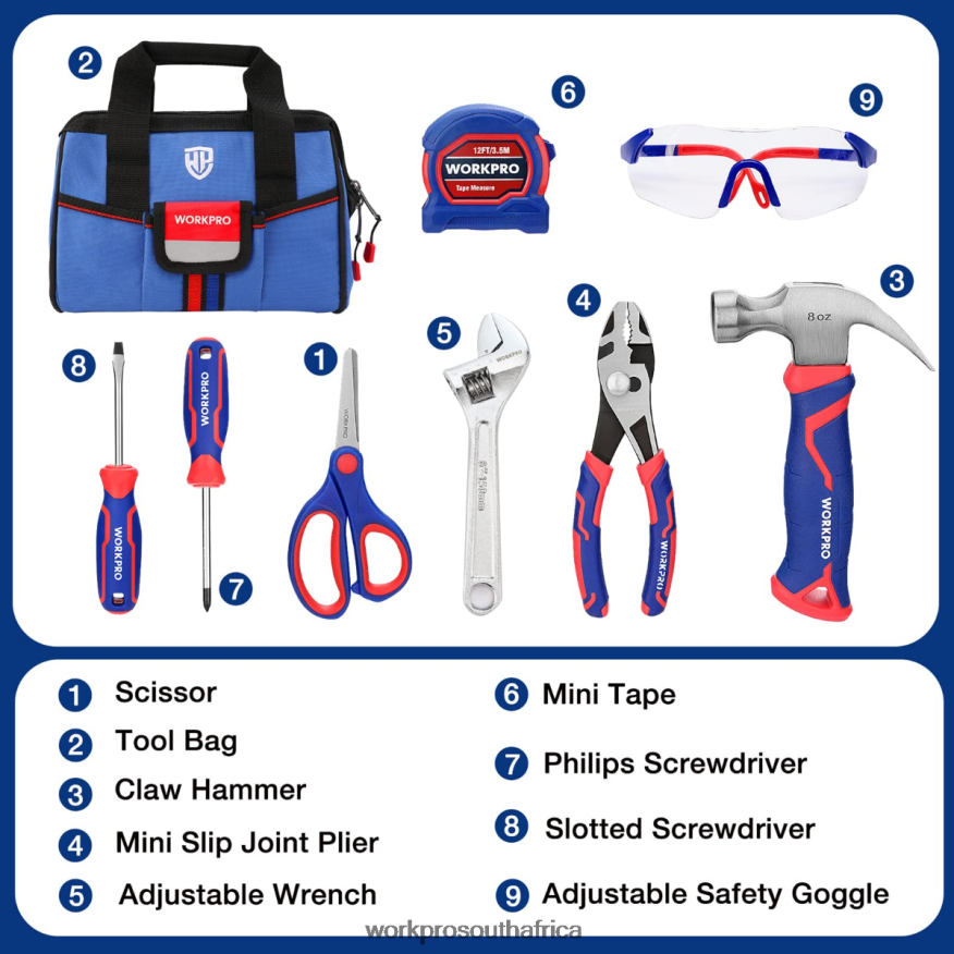 ZA WORKPRO 9 Pcs Kids Junior Tool Set with Tool Bag Pink/Blue 4B8V2T253 Tool