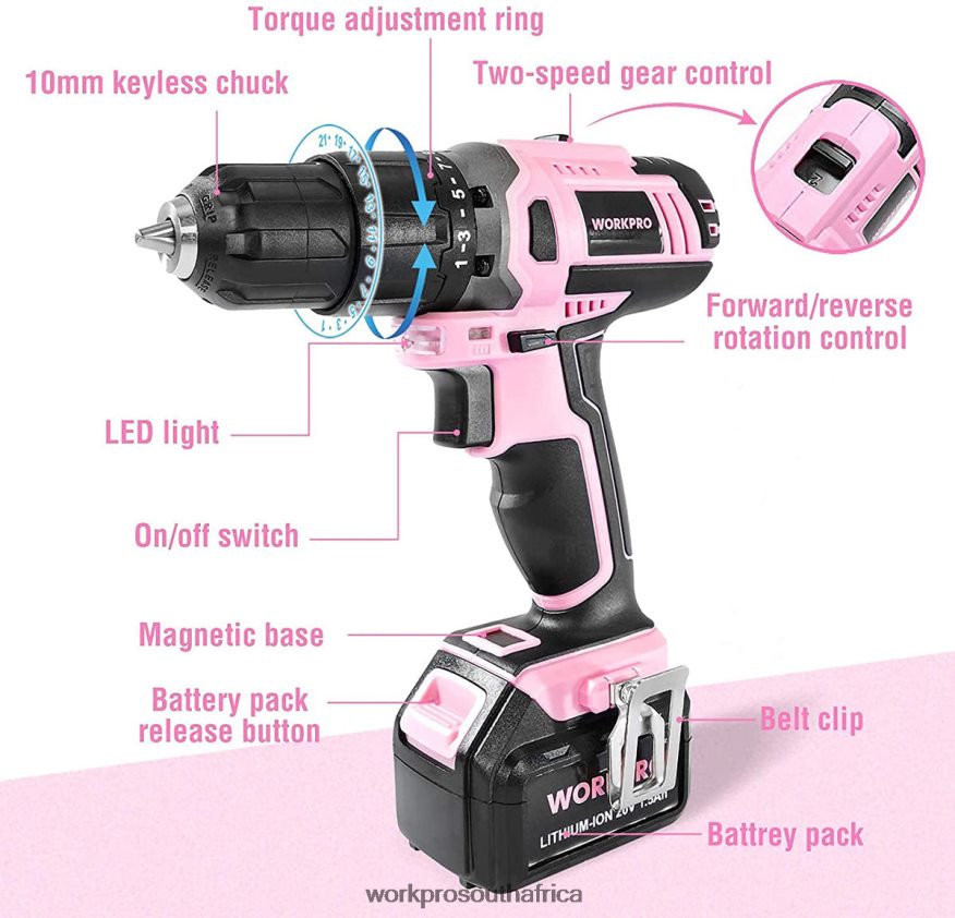 ZA WORKPRO Cordless 20V Lithium-ion Drill Driver Set Pink 4B8V2T262 Tool