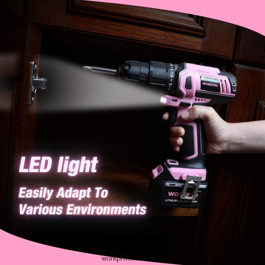 ZA WORKPRO Cordless 20V Lithium-ion Drill Driver Set Pink 4B8V2T262 Tool