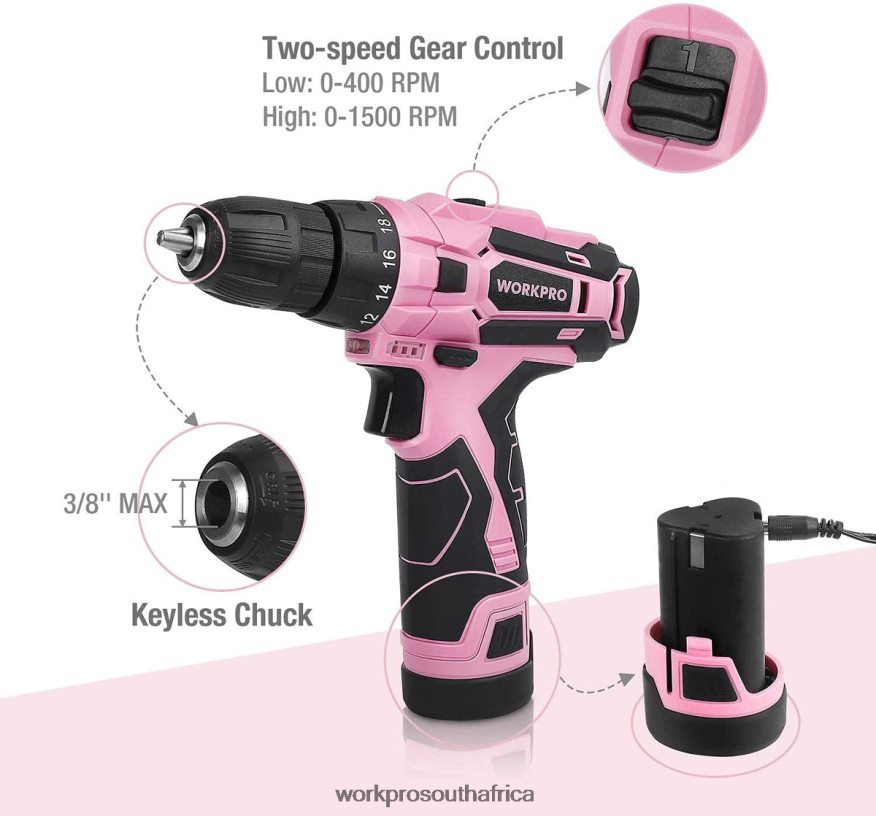 ZA WORKPRO Cordless Drill Driver Set 12V Electric Screwdriver Driver Tool Kit for Women Pink 4B8V2T263 Tool