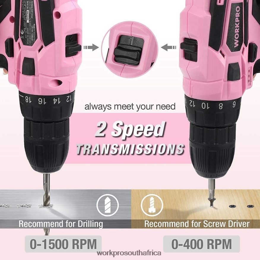 ZA WORKPRO Cordless Drill Driver Set 12V Electric Screwdriver Driver Tool Kit for Women Pink 4B8V2T263 Tool
