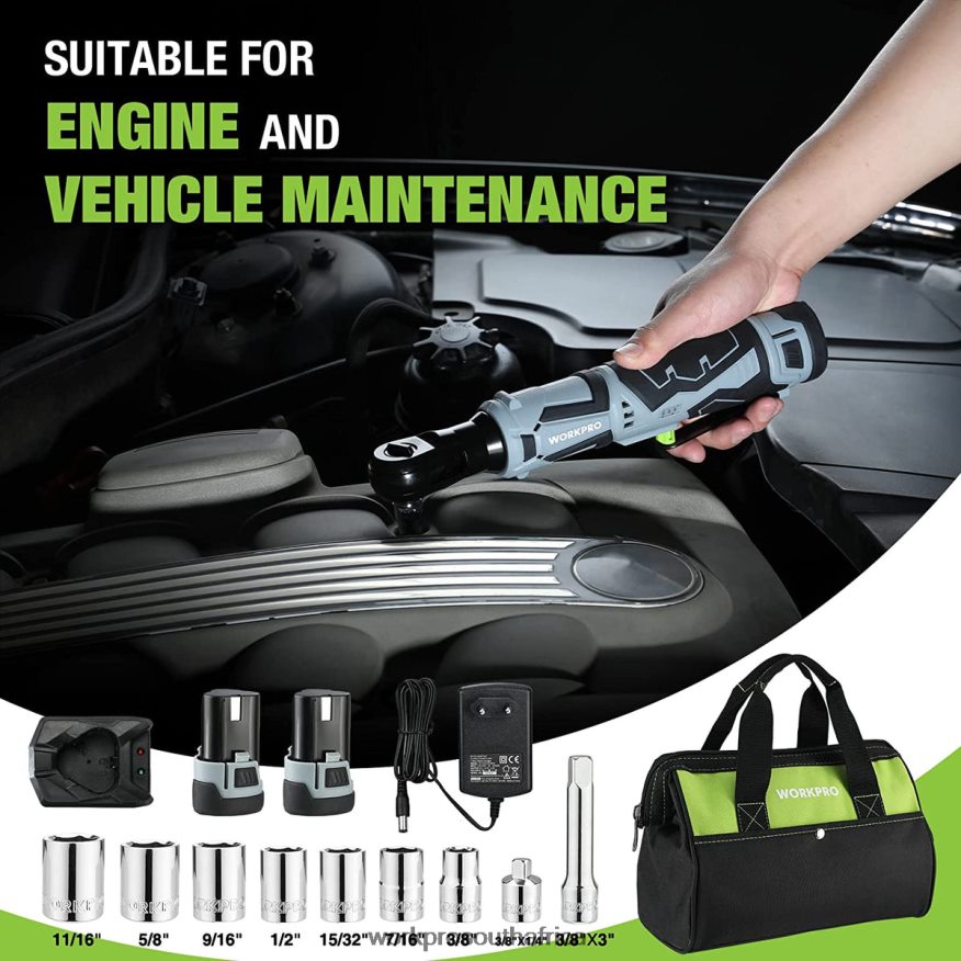 ZA WORKPRO Cordless Electric Ratchet Wrench, 12V 40 Ft-lbs Electric Ratchet Wrench 9 Pcs Set Useful 4B8V2T227 Tool