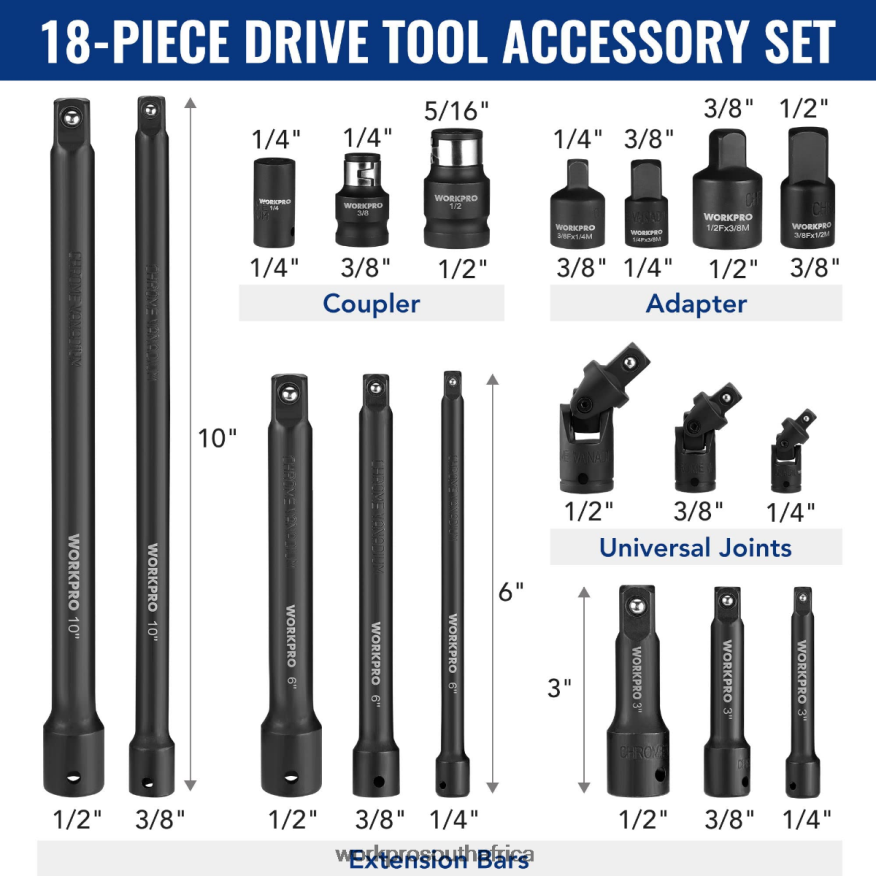 ZA WORKPRO 18 Pcs Drive Tool Accessory Set Morden 4B8V2T137 Tool