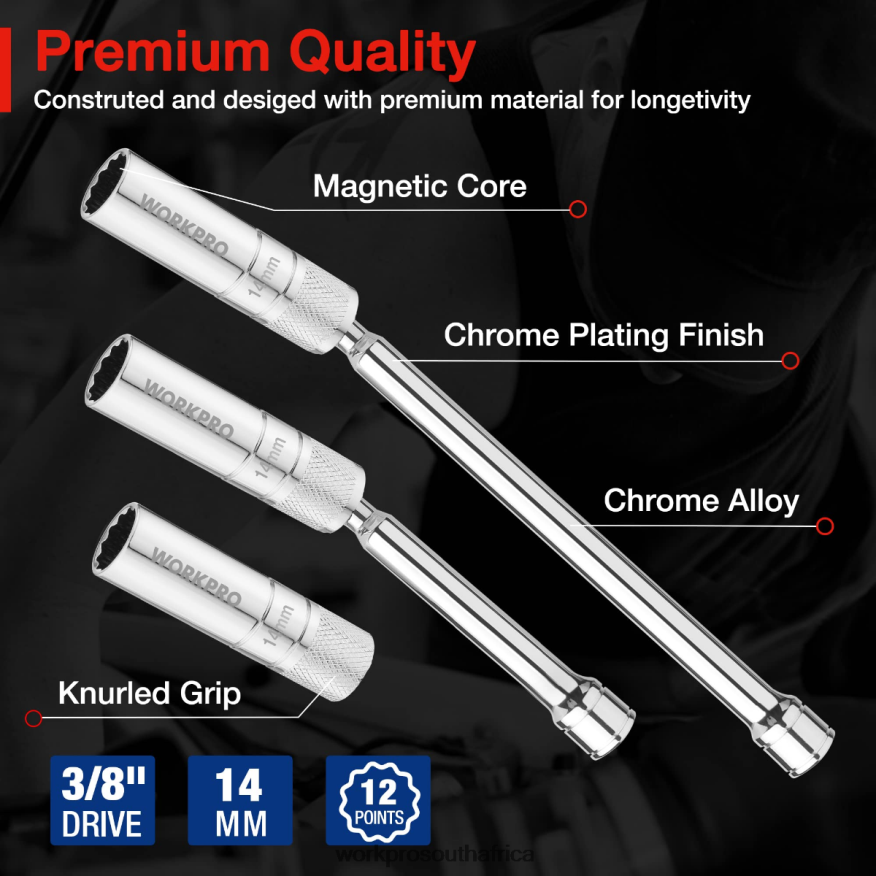 ZA WORKPRO 3 Pcs-14mm Thin Wall Socket with 6- and 10-inch ExtensionsMagnetic Swivel Spark Plug Socket Set Helpful 4B8V2T143 Tool