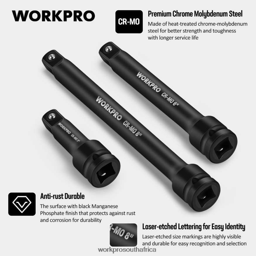 ZA WORKPRO 3 Piece-3, 6, 8 Inch 1/2-Inch Socket Drive Impact Extension Bar Sets Useful 4B8V2T202 Tool