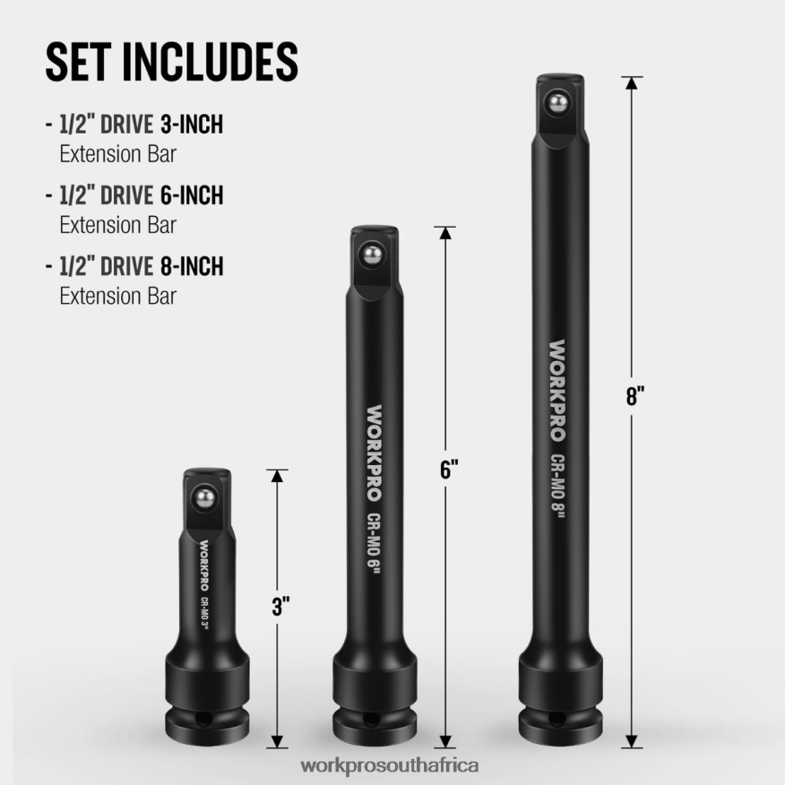 ZA WORKPRO 3 Piece-3, 6, 8 Inch 1/2-Inch Socket Drive Impact Extension Bar Sets Useful 4B8V2T202 Tool