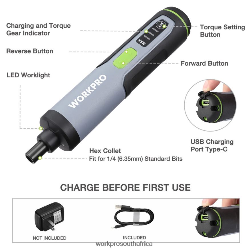 ZA WORKPRO 4V Electric Screwdriver, Rechargeable Cordless Screwdriver Set with LED Light Useful 4B8V2T232 Tool