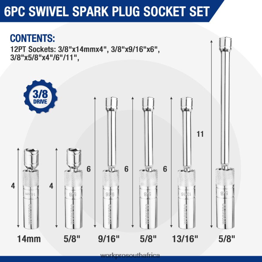 ZA WORKPRO 6 Pcs-9/16-inch, 5/8-inch, 13/16-inch, 14MM Thin Wall Sockets with 4, 6, 11-inch Extensions Magnetic Swivel Spark Plug Socket Set New 4B8V2T139 Tool