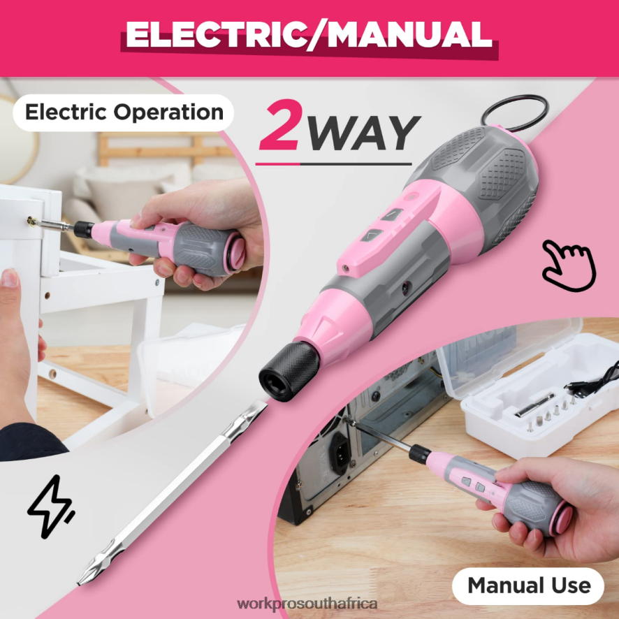 ZA WORKPRO Cordless 4V USB Rechargeable Lithium-ion Battery Screwdriver Kit Pink/White 4B8V2T236 Tool