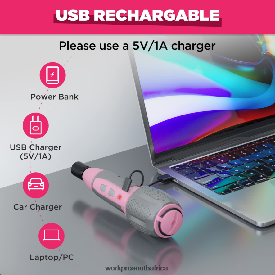 ZA WORKPRO Cordless 4V USB Rechargeable Lithium-ion Battery Screwdriver Kit Pink/White 4B8V2T236 Tool