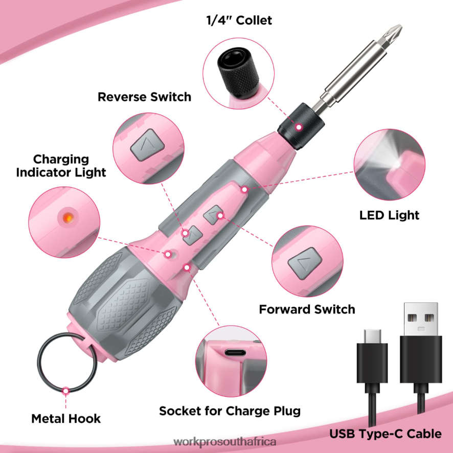 ZA WORKPRO Cordless 4V USB Rechargeable Lithium-ion Battery Screwdriver Kit Pink/White 4B8V2T236 Tool