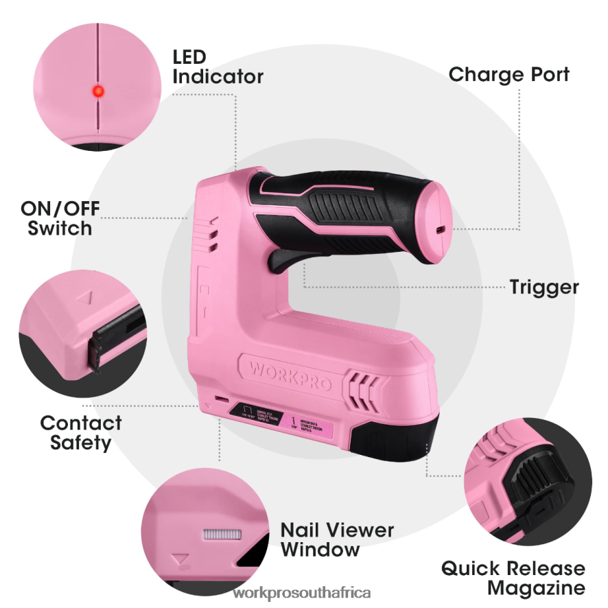 ZA WORKPRO 3.6V 2.0Ah Battery Powered Electric Cordless 2-in-1 Staple and Nail Gun Pink/Gray 4B8V2T265 Tool