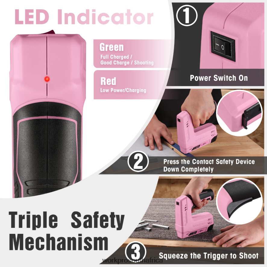 ZA WORKPRO 3.6V 2.0Ah Battery Powered Electric Cordless 2-in-1 Staple and Nail Gun Pink/Gray 4B8V2T265 Tool