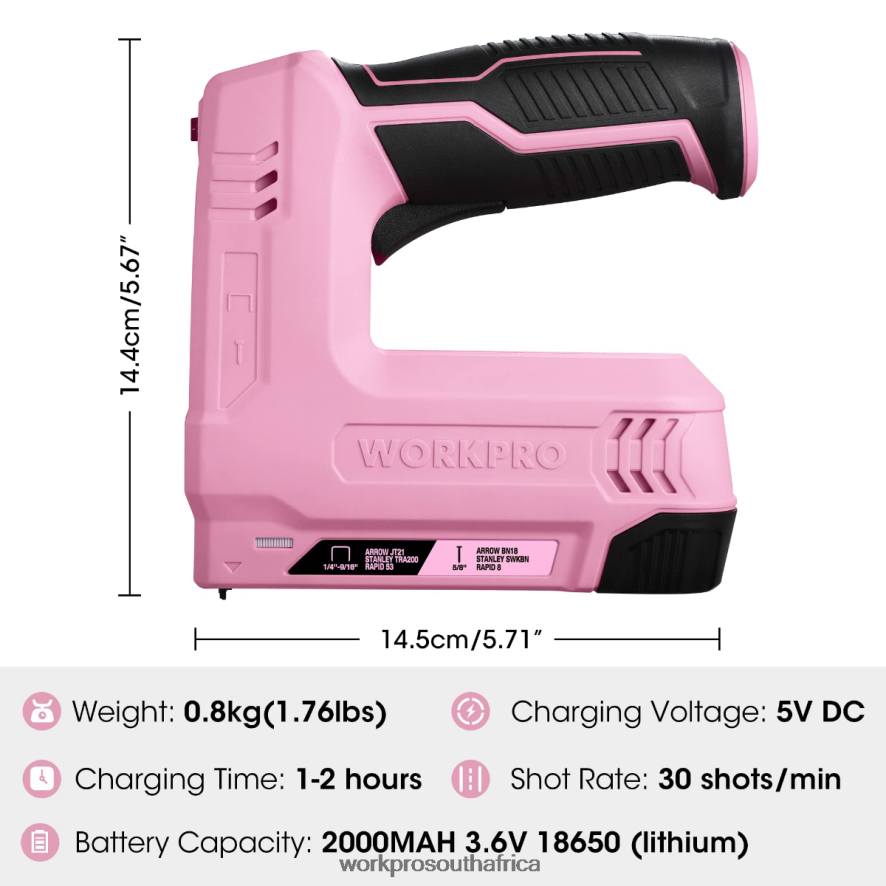 ZA WORKPRO 3.6V 2.0Ah Battery Powered Electric Cordless 2-in-1 Staple and Nail Gun Pink/Gray 4B8V2T265 Tool