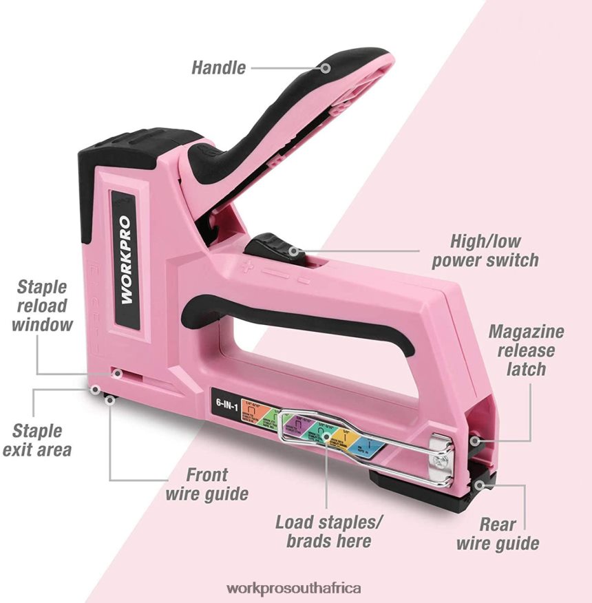 ZA WORKPRO 6-in-1 Manual Brad Nailer Upholstery Stapler Nail Gun Pink/Grey 4B8V2T59 Tool