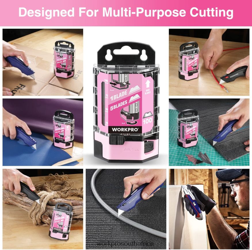 ZA WORKPRO 100 Pcs SK5 Carbon Steel Utility Knife Blades Replacement with Dispenser Red/Pink 4B8V2T49 Tool