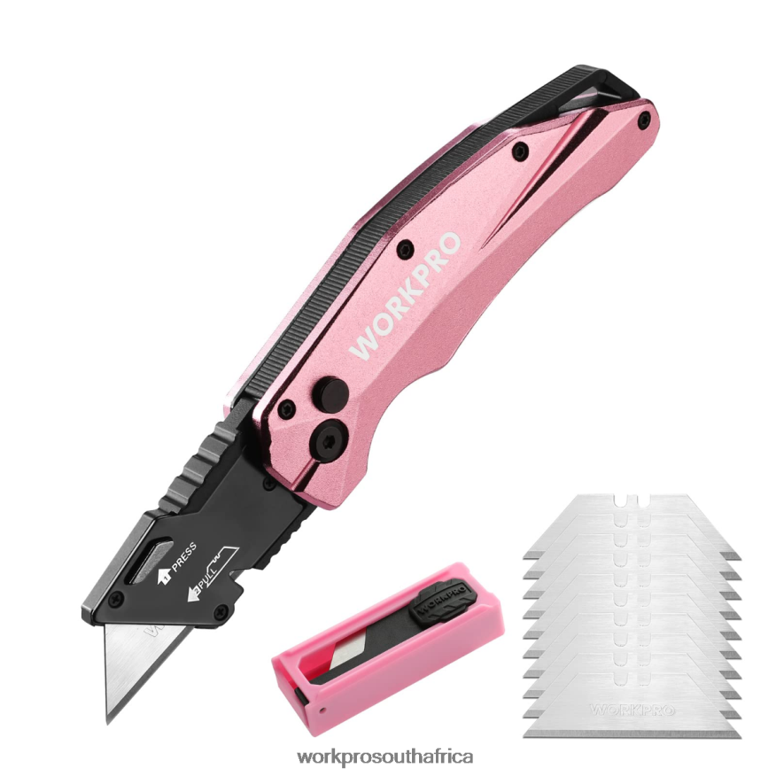 ZA WORKPRO Folding Aluminum Utility Knife, 10 Extra Blades Include Pink 4B8V2T54 Tool