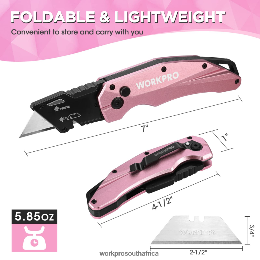 ZA WORKPRO Folding Aluminum Utility Knife, 10 Extra Blades Include Pink 4B8V2T54 Tool