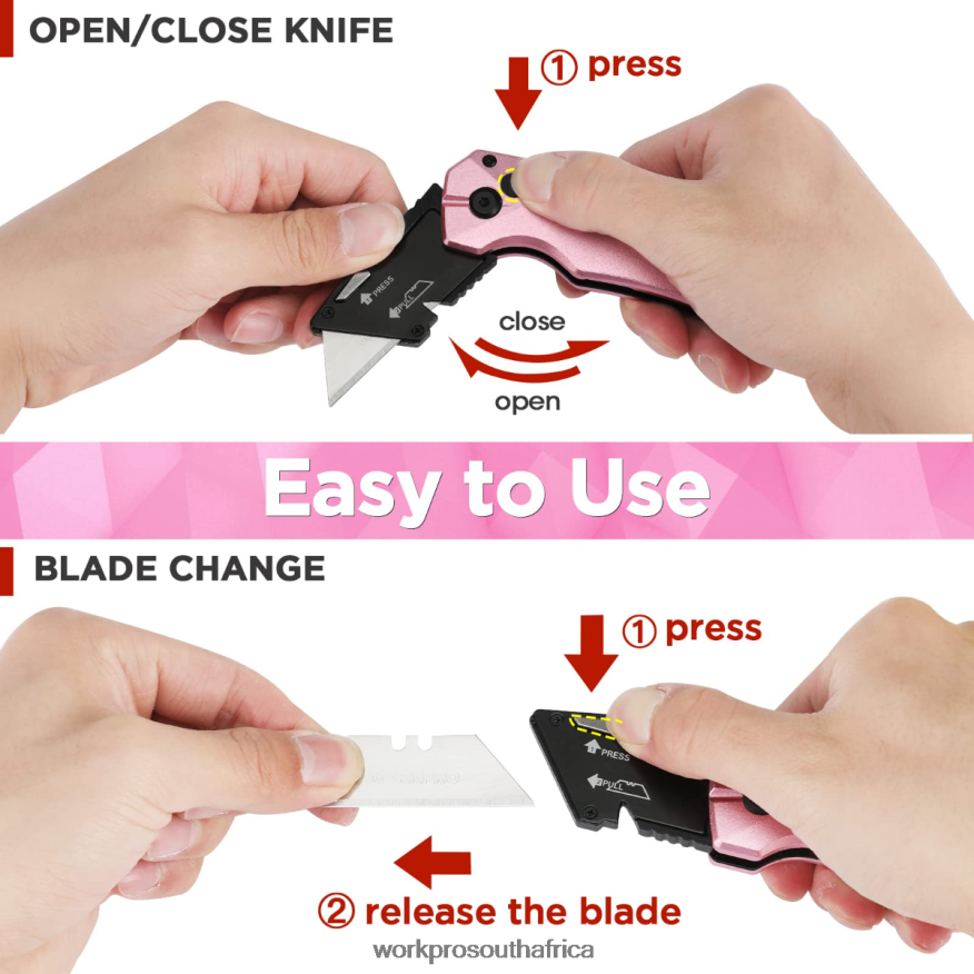 ZA WORKPRO Folding Aluminum Utility Knife, 10 Extra Blades Include Pink 4B8V2T54 Tool